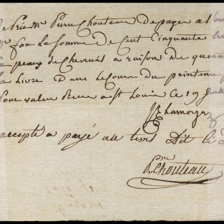 Note of Jacques Clamorgan agreeing to pay skins worth $153 to Pierre Chouteau on July 19, 1807. [Missouri Historical Society, St. Louis, Clamorgan Family Papers, A0288-00017]