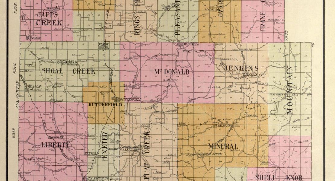A plat map of Barry County, Missouri, circa 1909. Most of the men in the Stone Prairie Home Guard were from the northwest part of the county. [Standard Atlas of Barry County, 1909]